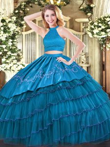 Unique Teal Halter Top Backless Beading and Embroidery and Ruffled Layers 15 Quinceanera Dress Sleeveless