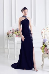 Sleeveless Elastic Woven Satin Sweep Train Lace Up Dress for Prom in Navy Blue with Beading
