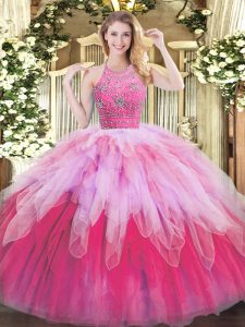 Unique Multi-color Ball Gown Prom Dress Military Ball and Sweet 16 and Quinceanera with Beading and Ruffles Halter Top S