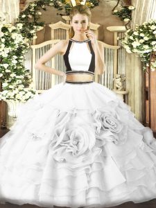 Edgy White Tulle Zipper Halter Top Sleeveless Floor Length Quinceanera Gown Ruffled Layers