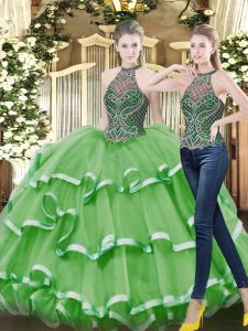 Vintage Floor Length Green 15 Quinceanera Dress High-neck Sleeveless Lace Up