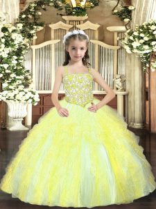 Sleeveless Floor Length Beading and Ruffles Lace Up Pageant Gowns For Girls with Yellow Green
