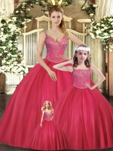 Hot Pink Sweet 16 Quinceanera Dress Military Ball and Sweet 16 and Quinceanera with Beading Straps Sleeveless Lace Up