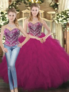 Fuchsia Sweetheart Lace Up Beading and Ruffles Sweet 16 Dress Sleeveless