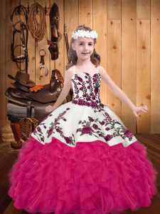 Hot Pink Organza Lace Up Little Girls Pageant Dress Sleeveless Floor Length Embroidery and Ruffles
