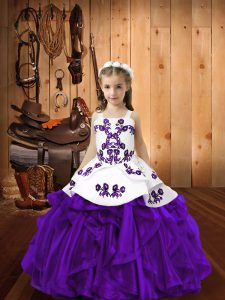 Eggplant Purple Lace Up Little Girls Pageant Dress Wholesale Embroidery and Ruffles Sleeveless Floor Length