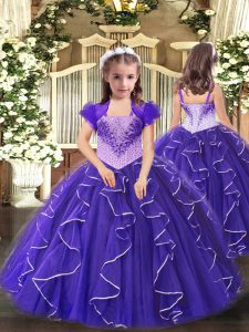 Purple Lace Up Kids Formal Wear Beading and Ruffles Sleeveless Floor Length
