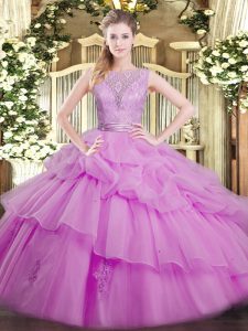 Simple Sleeveless Organza Floor Length Backless Sweet 16 Quinceanera Dress in Lilac with Lace and Ruffled Layers