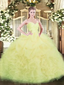 Sleeveless Organza Floor Length Lace Up 15th Birthday Dress in Light Yellow with Beading and Ruffles