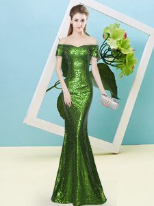 Fashion Short Sleeves Floor Length Sequins Zipper Dress for Prom with