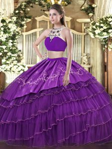 Purple High-neck Backless Beading and Embroidery and Ruffled Layers Sweet 16 Dresses Sleeveless
