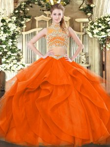 Nice Two Pieces Sweet 16 Dress Orange Red High-neck Tulle Sleeveless Floor Length Backless