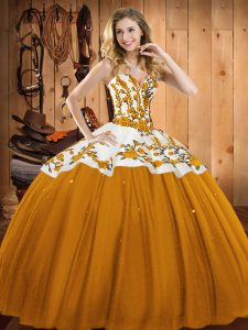 Floor Length Gold Sweet 16 Dresses Satin and Tulle Sleeveless Embroidery