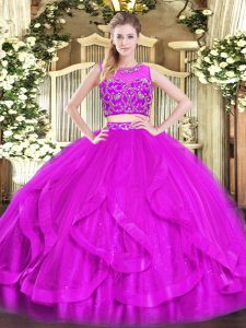 Purple Tulle Zipper Scoop Sleeveless Floor Length Quinceanera Gown Beading and Ruffles