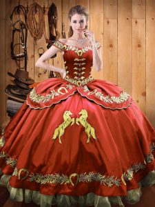 Flirting Rust Red Ball Gowns Beading and Embroidery Vestidos de Quinceanera Lace Up Satin and Organza Sleeveless Floor L
