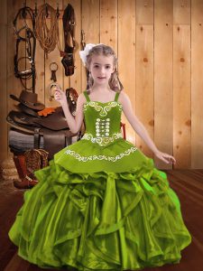 Olive Green Organza Lace Up Straps Sleeveless Floor Length Little Girl Pageant Gowns Embroidery and Ruffles
