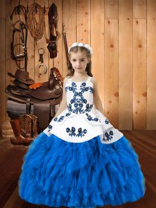 Blue Straps Neckline Embroidery and Ruffles Little Girls Pageant Dress Sleeveless Lace Up