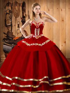 Dramatic Embroidery Sweet 16 Dress Wine Red Lace Up Sleeveless Floor Length