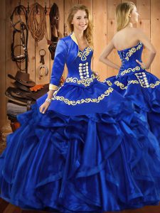Wonderful Royal Blue Sleeveless Floor Length Embroidery and Ruffles Lace Up Quinceanera Gown
