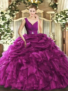 Unique Fuchsia Sleeveless Floor Length Beading and Ruffles Backless Quinceanera Dresses