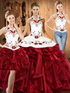Wine Red Ball Gowns Embroidery and Ruffles Quince Ball Gowns Lace Up Organza Sleeveless Floor Length