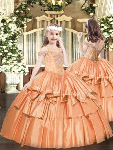 Ball Gowns Little Girls Pageant Gowns Orange Off The Shoulder Organza Sleeveless Floor Length Lace Up