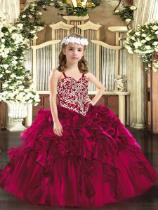Fuchsia Ball Gowns Beading and Ruffles Pageant Dress Toddler Lace Up Organza Sleeveless Floor Length