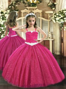Sleeveless Tulle Floor Length Zipper Glitz Pageant Dress in Hot Pink with Appliques