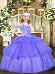 Beautiful Beading and Ruffled Layers Kids Pageant Dress Lavender Lace Up Sleeveless Floor Length