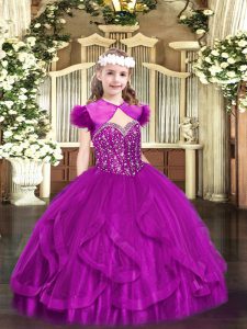 Floor Length Lace Up Pageant Gowns Fuchsia for Party and Quinceanera with Beading and Ruffles
