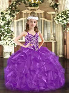 Ball Gowns Girls Pageant Dresses Purple Straps Organza Sleeveless Floor Length Lace Up