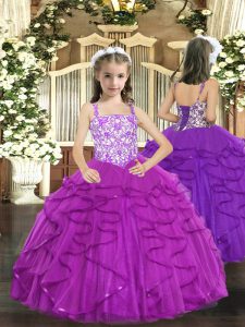 Custom Made Purple Lace Up Straps Beading and Ruffles Little Girls Pageant Dress Wholesale Tulle Sleeveless
