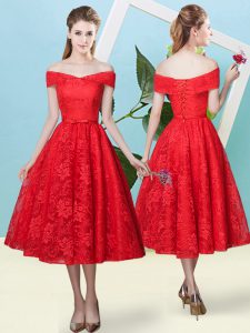 Smart Red Off The Shoulder Lace Up Bowknot Wedding Guest Dresses Cap Sleeves