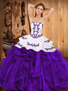 Exquisite Satin and Organza Sleeveless Floor Length Quinceanera Gowns and Embroidery and Ruffles