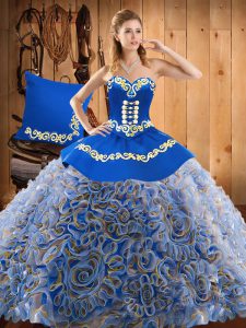 Satin and Fabric With Rolling Flowers Sweetheart Sleeveless Sweep Train Lace Up Embroidery Ball Gown Prom Dress in Multi