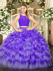 Eggplant Purple Tulle Zipper 15th Birthday Dress Sleeveless Floor Length Ruffled Layers