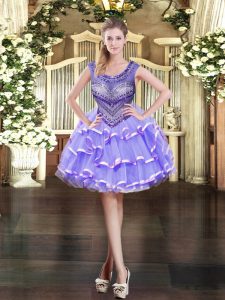 Lavender Ball Gowns Beading and Ruffled Layers Homecoming Dress Zipper Organza Sleeveless Mini Length