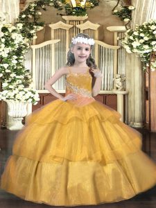 Exquisite Straps Sleeveless Lace Up High School Pageant Dress Gold Organza
