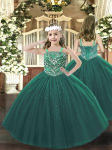 Dark Green Lace Up Kids Formal Wear Beading Sleeveless Floor Length
