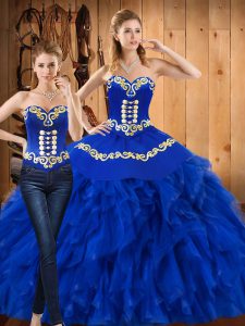 Stylish Blue Sleeveless Embroidery and Ruffles Floor Length Quinceanera Gowns