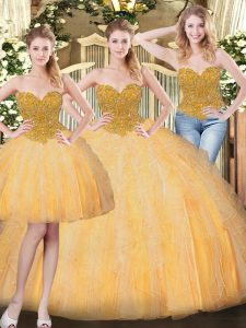 Gold Sleeveless Tulle Lace Up 15th Birthday Dress for Military Ball and Sweet 16 and Quinceanera
