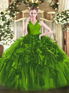 Custom Design Olive Green Ball Gowns Ruffles Quinceanera Gowns Zipper Organza Sleeveless Floor Length