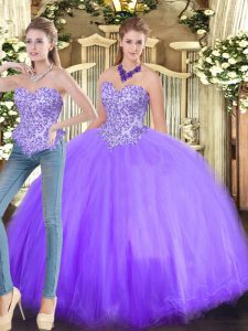 Suitable Lavender Tulle Lace Up Sweet 16 Dresses Sleeveless Floor Length Beading