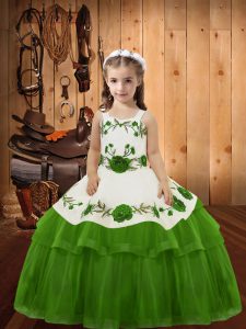 Olive Green Straps Lace Up Embroidery and Ruffled Layers Custom Made Pageant Dress Sleeveless