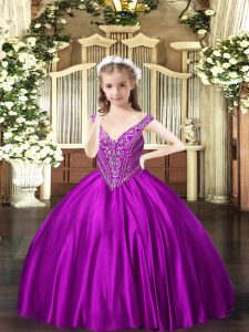 Best Purple Satin Lace Up Pageant Dress Womens Sleeveless Floor Length Beading