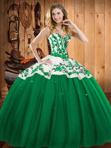 Simple Dark Green Sleeveless Floor Length Embroidery Lace Up Quinceanera Dress
