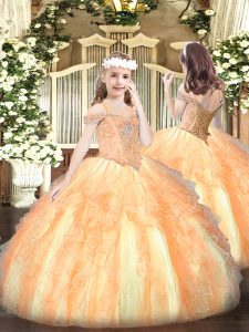 Custom Design Floor Length Ball Gowns Sleeveless Orange Little Girls Pageant Gowns Lace Up