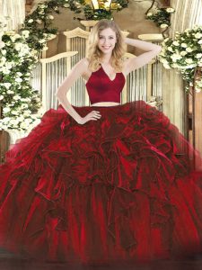 Custom Made Ruffles Quinceanera Dress Wine Red Zipper Sleeveless Floor Length