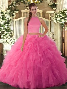 High Quality Two Pieces Quinceanera Dresses Hot Pink Halter Top Tulle Sleeveless Floor Length Backless