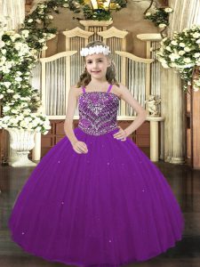 Purple Sleeveless Beading Floor Length Little Girl Pageant Gowns